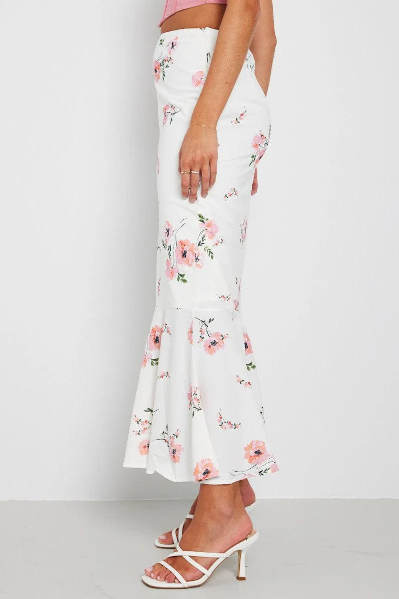 White Floral Maxi Skirt High Waist Fit & Flare sold by Ally Fashion product image thumbnail 4