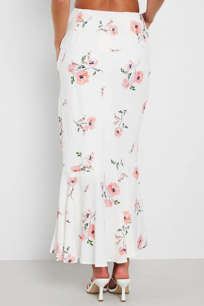 White Floral Maxi Skirt High Waist Fit & Flare sold by Ally Fashion product image thumbnail 5