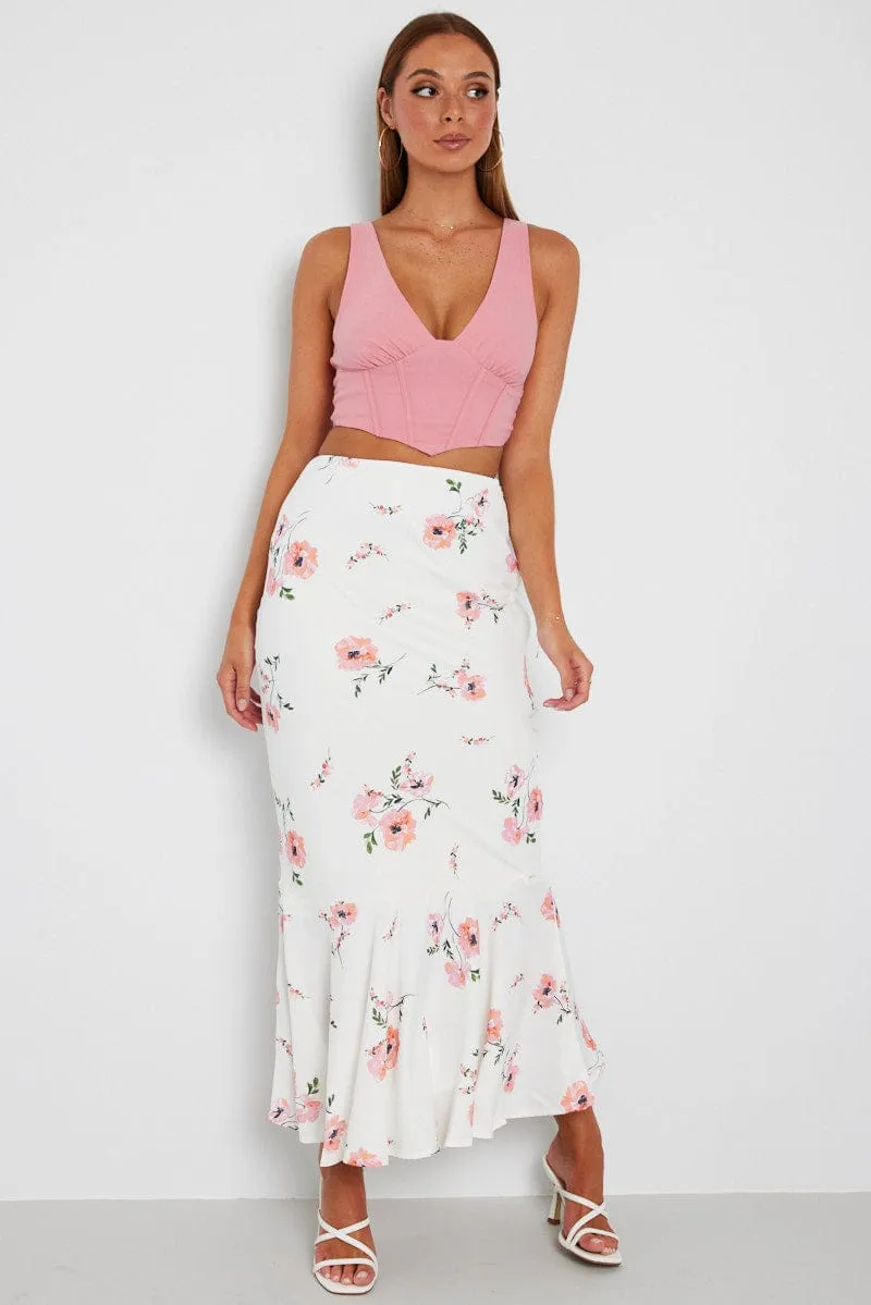 White Floral Maxi Skirt High Waist Fit & Flare sold by Ally Fashion product image thumbnail 2