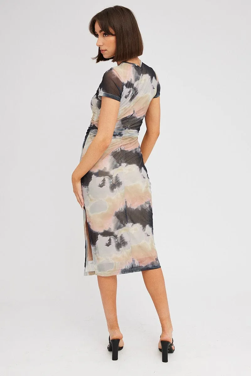 Brown Abstract Midi Dress Short Sleeve Bodycon Mesh sold by Ally Fashion product image thumbnail 4