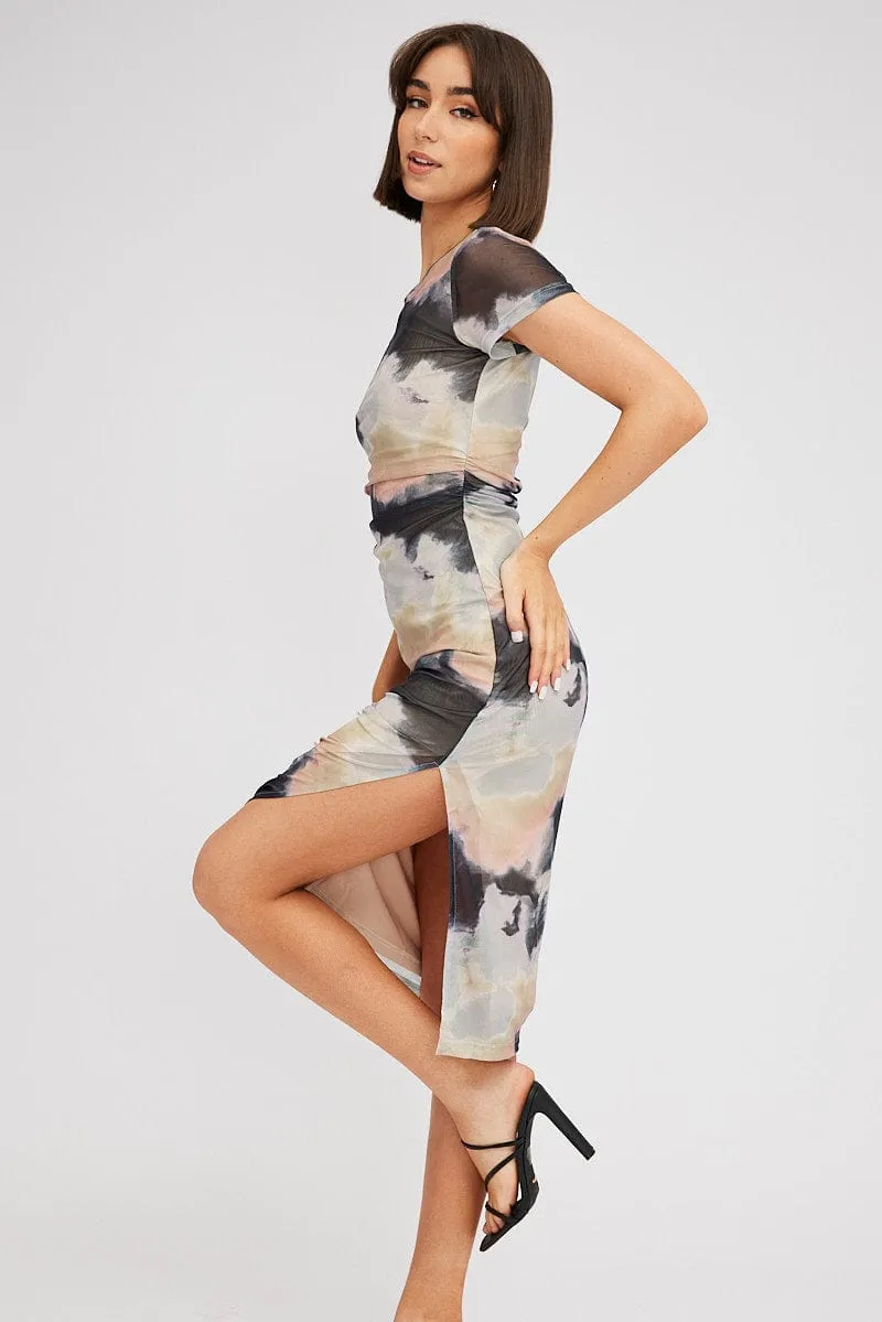 Brown Abstract Midi Dress Short Sleeve Bodycon Mesh sold by Ally Fashion