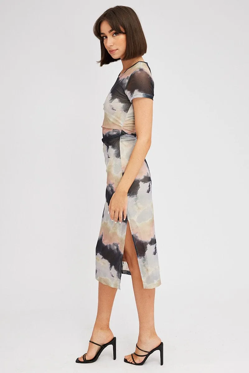Brown Abstract Midi Dress Short Sleeve Bodycon Mesh sold by Ally Fashion product image thumbnail 5