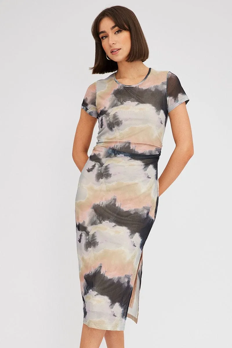 Brown Abstract Midi Dress Short Sleeve Bodycon Mesh sold by Ally Fashion product image thumbnail 2