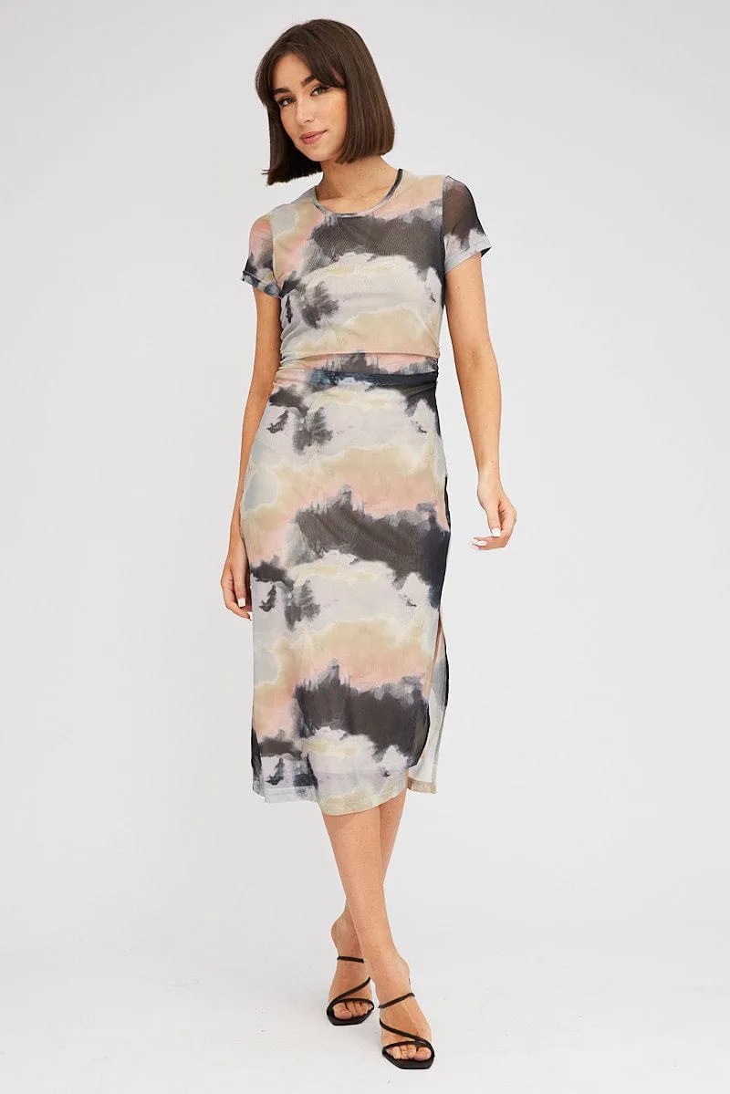 Brown Abstract Midi Dress Short Sleeve Bodycon Mesh sold by Ally Fashion product image thumbnail 3