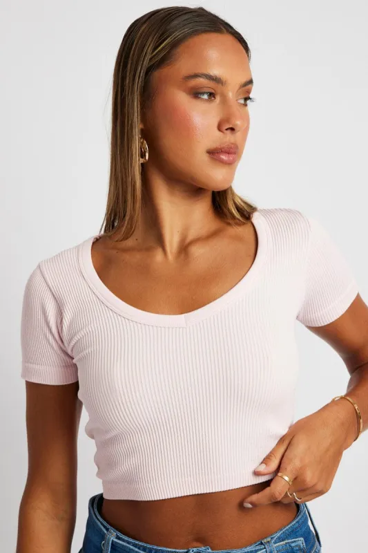 Pink Crop T Shirt Short Sleeve V Neck Seamless sold by Ally Fashion