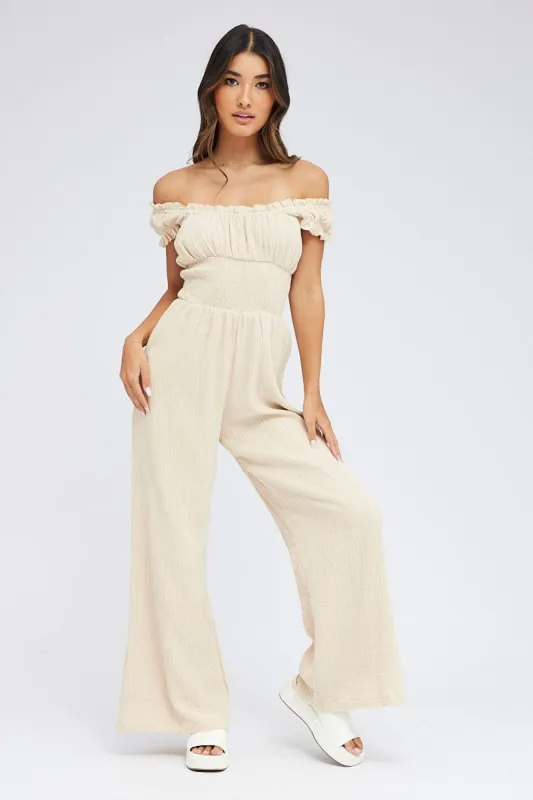 Beige Jumpsuit Short Sleeve Off Shoulder Shirred Cotton sold by Ally Fashion