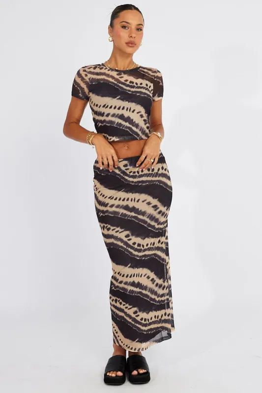 Brown Abstract Maxi Skirt High Rise Mesh sold by Ally Fashion