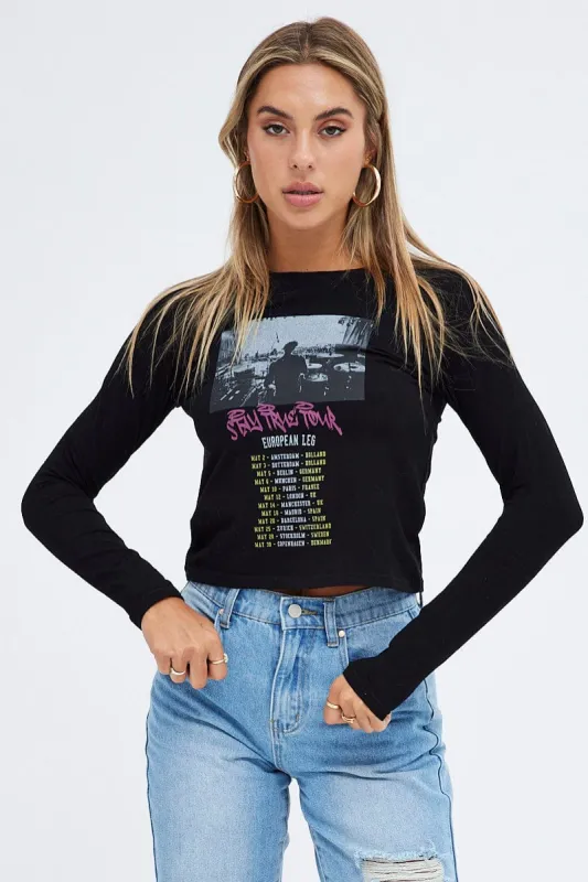 Black Top Long Sleeve Crew Neck Semi-Crop Tour Graphic sold by Ally Fashion