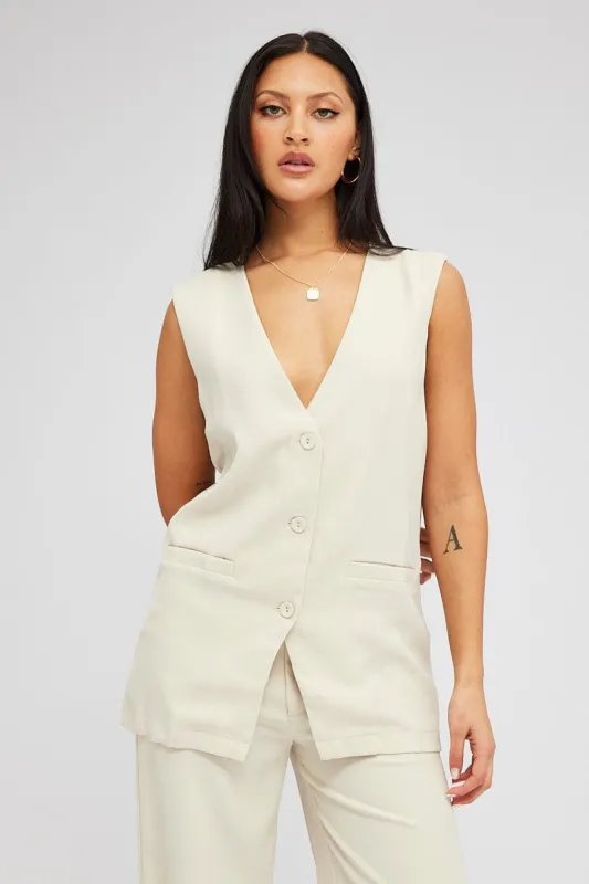 Beige Vest Top Sleeveless V Neck Longline Relaxed Fit sold by Ally Fashion