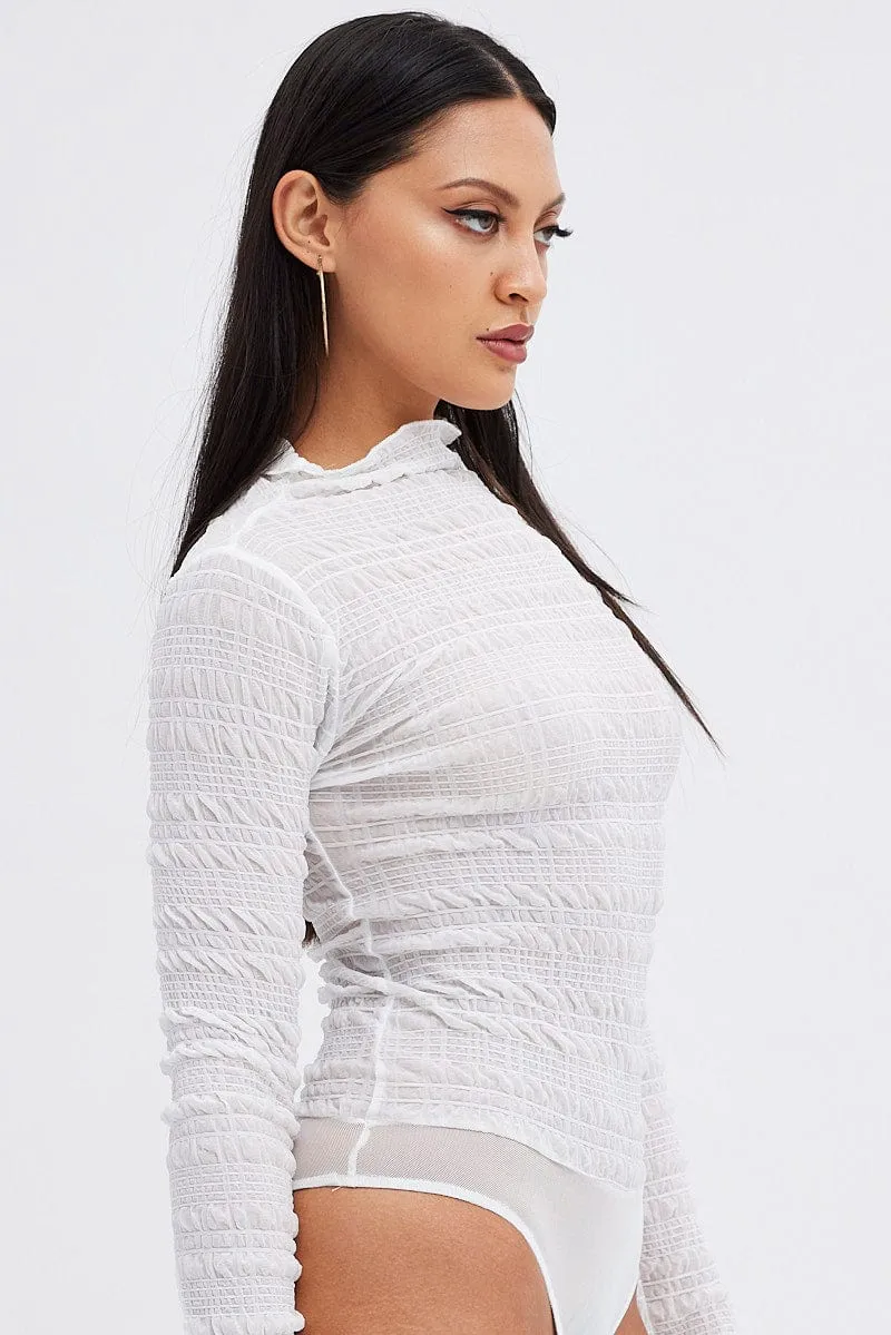 White Sheer Bodysuit Textured Long Sleeve sold by Ally Fashion product image thumbnail 2
