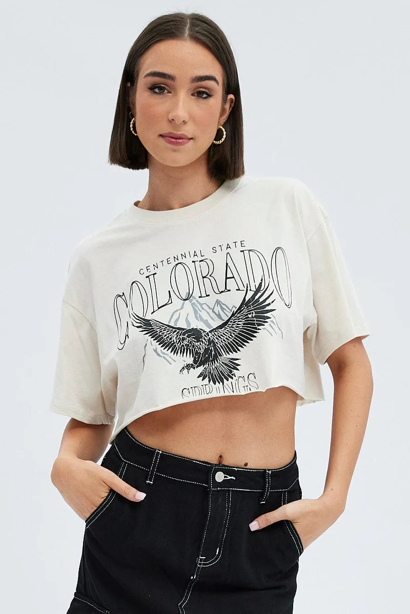 Beige Crop T-Shirt Short Sleeve Crew Neck sold by Ally Fashion product image thumbnail 3