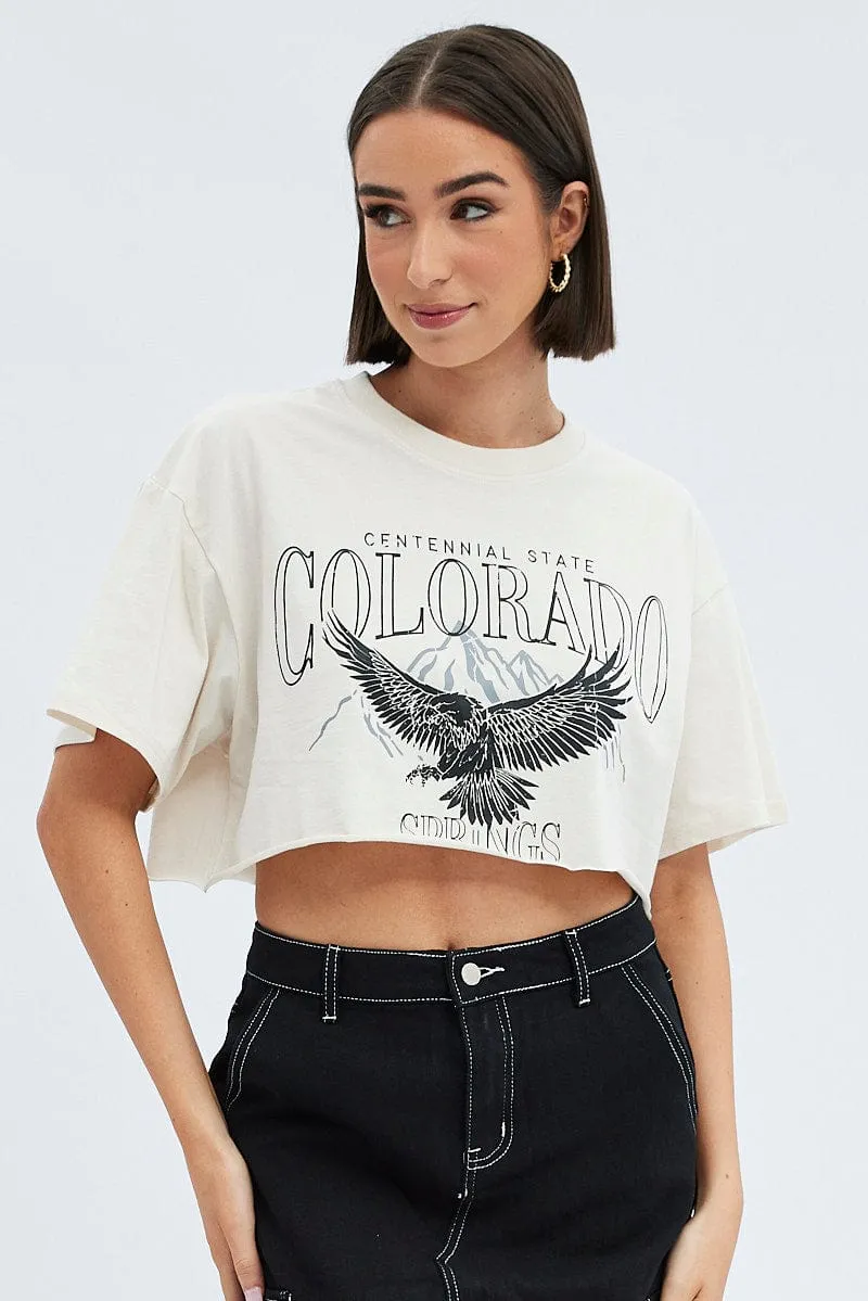 Beige Crop T-Shirt Short Sleeve Crew Neck sold by Ally Fashion