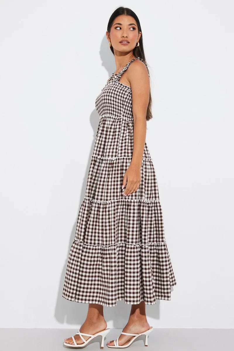Brown Check Maxi Dress Shirred Bust Tiered sold by Ally Fashion product image thumbnail 4