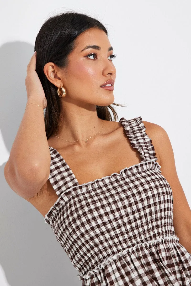 Brown Check Maxi Dress Shirred Bust Tiered sold by Ally Fashion