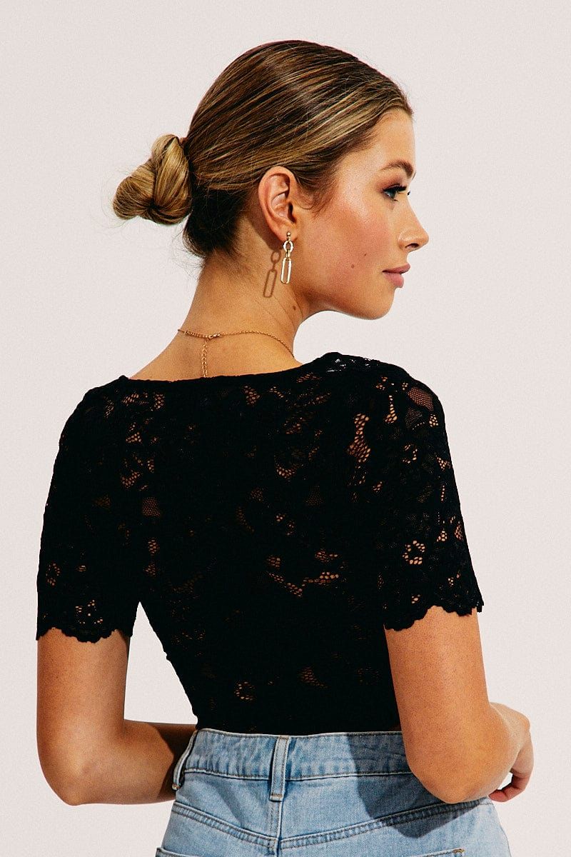 Black Lace Top Short Sleeve V Neck Crop sold by Ally Fashion product image thumbnail 5