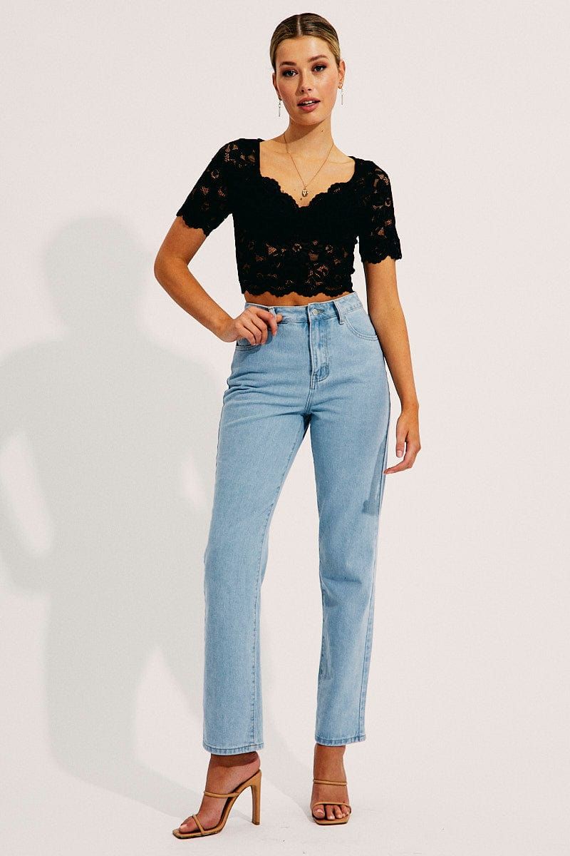 Black Lace Top Short Sleeve V Neck Crop sold by Ally Fashion product image thumbnail 2