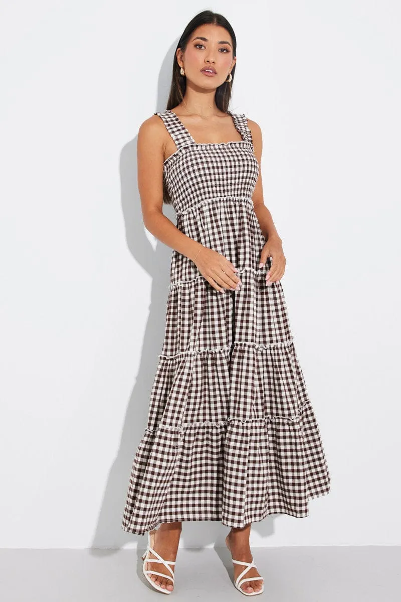 Brown Check Maxi Dress Shirred Bust Tiered sold by Ally Fashion product image thumbnail 2