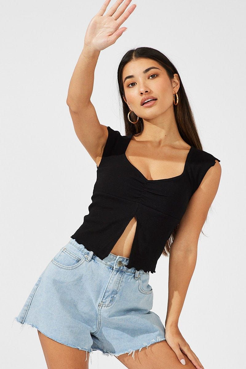 Black Top Split Front Short Sleeve sold by Ally Fashion