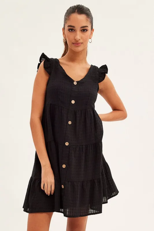 Black Button Front Mini Swing Dress sold by Ally Fashion