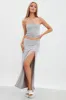 Grey Maxi Skirt Mid Rise Split Nylon sold by Ally Fashion