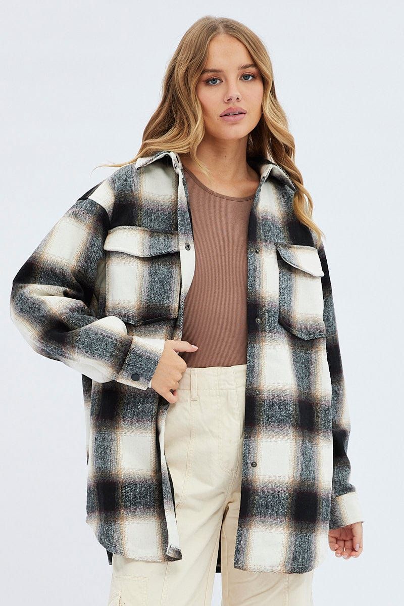 Brown Check Longline Check Shacket Shirt Collar sold by Ally Fashion