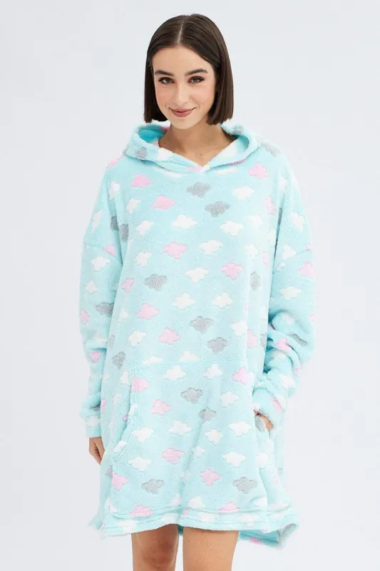 Green Cloud Print Cosy Blanket Hoodie PJ sold by Ally Fashion