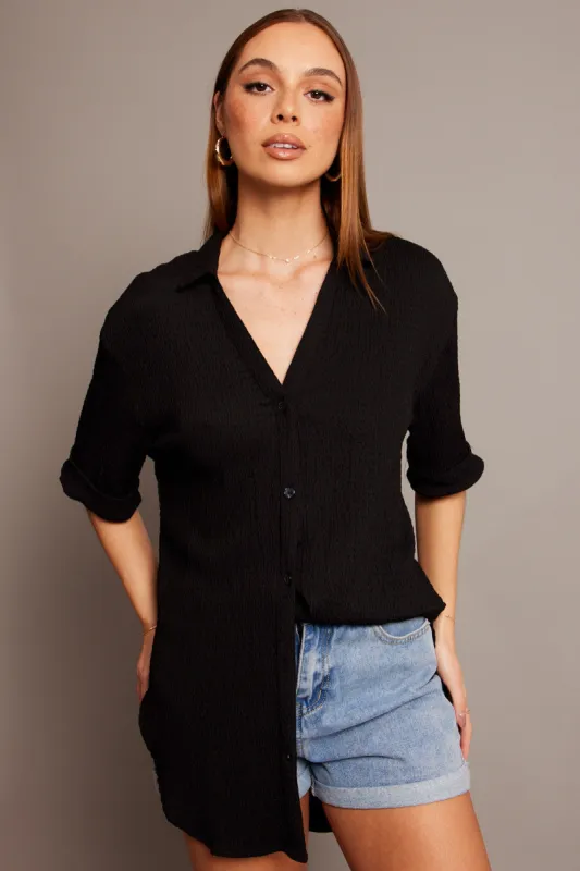 Black Textured Shirt Short Sleeve sold by Ally Fashion