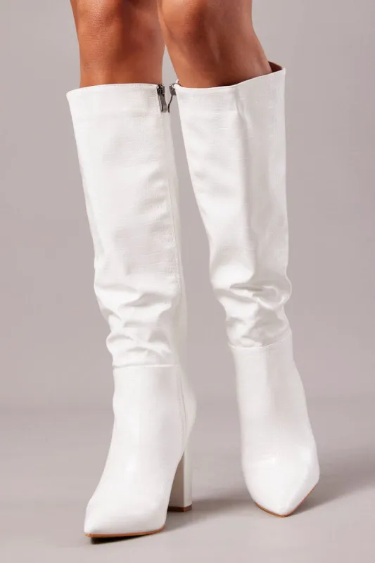 White Heeled Knee High Boots in Croc sold by Ally Fashion