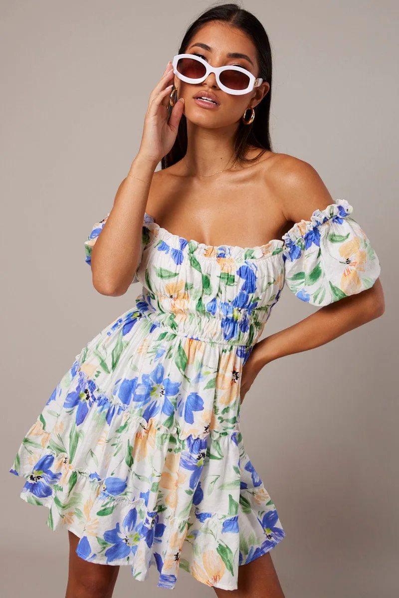 White Floral Fit And Flare Dress Puff Sleeve sold by Ally Fashion