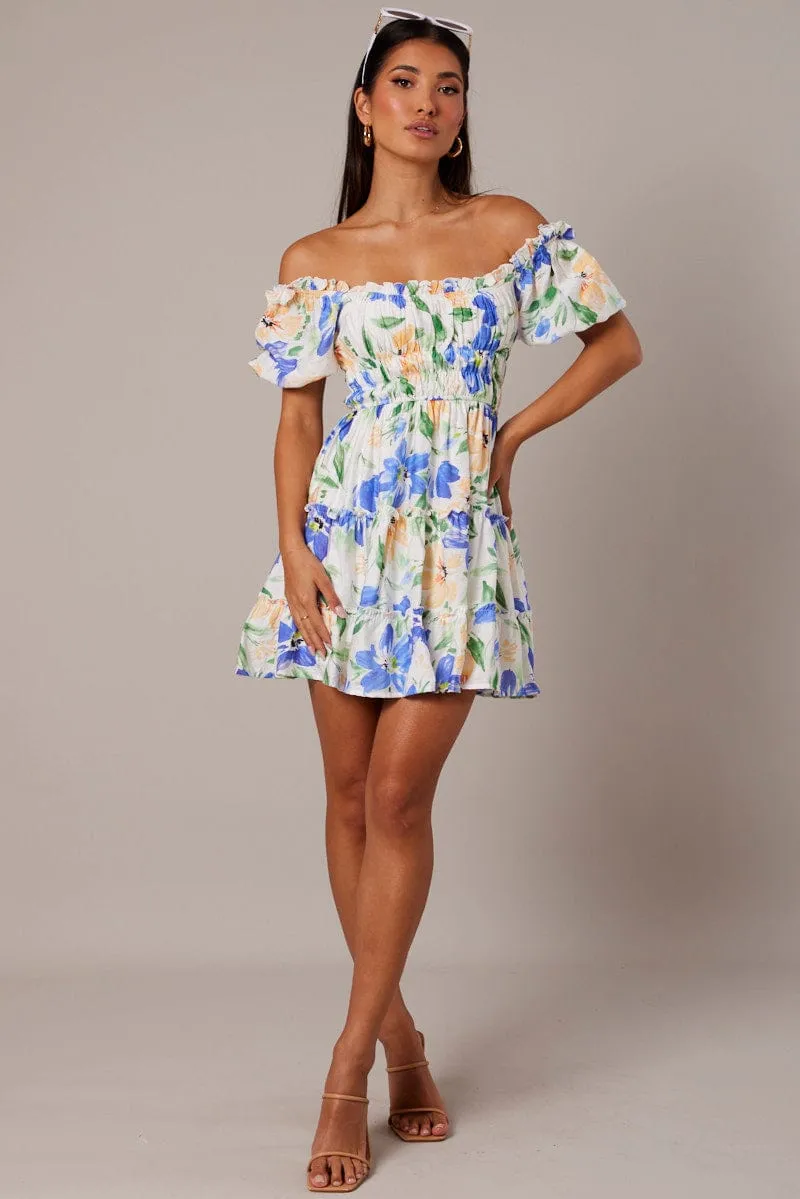 White Floral Fit And Flare Dress Puff Sleeve sold by Ally Fashion product image thumbnail 2
