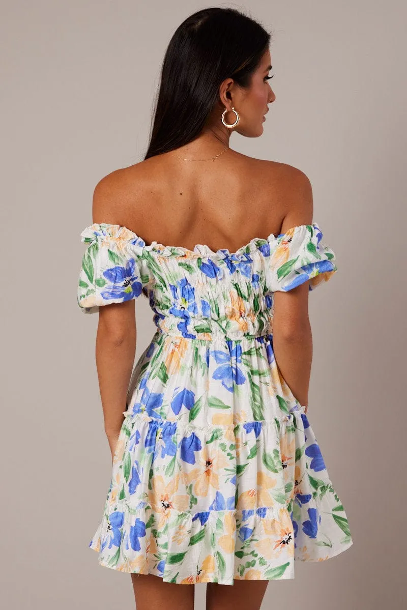 White Floral Fit And Flare Dress Puff Sleeve sold by Ally Fashion product image thumbnail 5