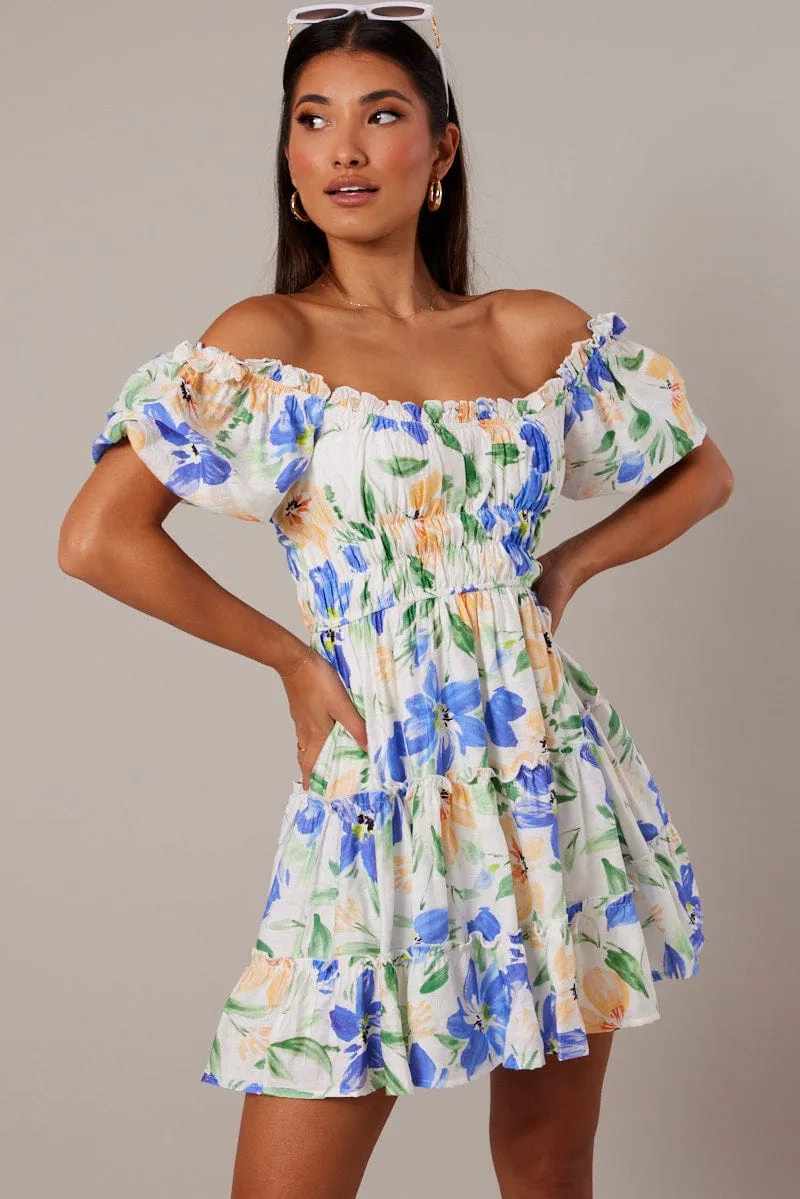 White Floral Fit And Flare Dress Puff Sleeve sold by Ally Fashion product image thumbnail 3