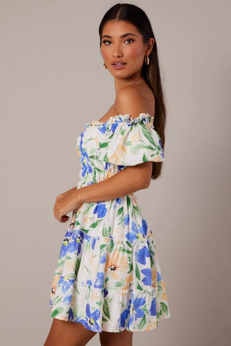White Floral Fit And Flare Dress Puff Sleeve sold by Ally Fashion product image thumbnail 4