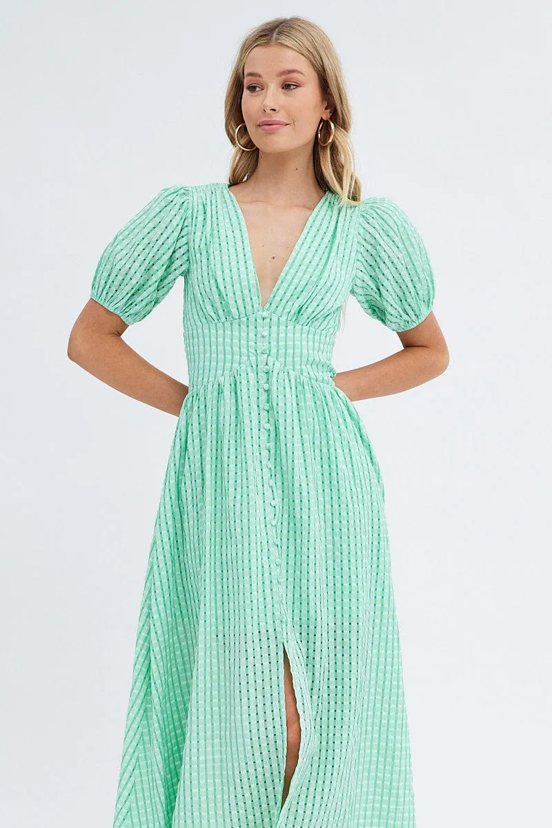 Green Check Check Puff Sleeve Midi Dress sold by Ally Fashion product image thumbnail 2