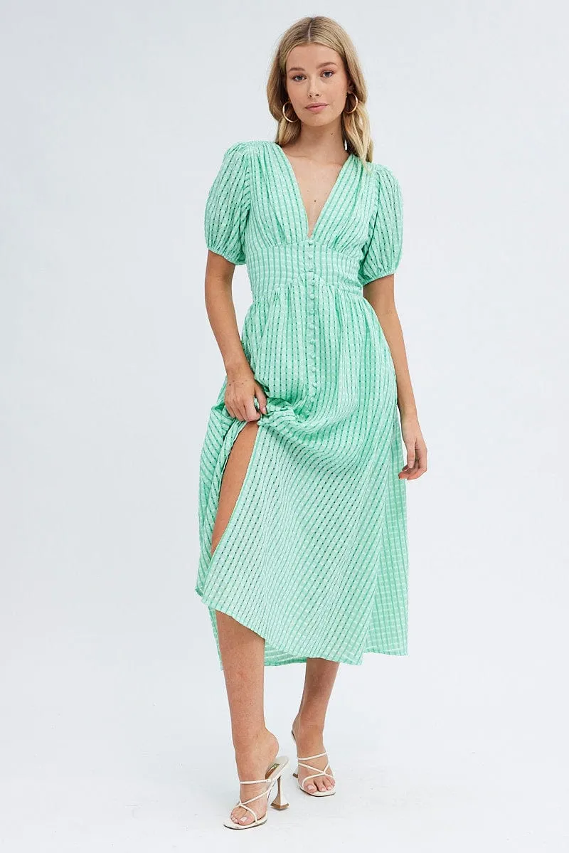 Green Check Check Puff Sleeve Midi Dress sold by Ally Fashion