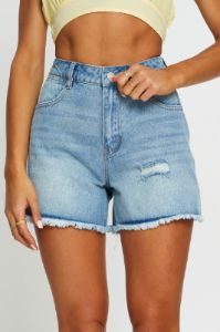 Blue High Rise Denim Shorts Knee Length sold by Ally Fashion