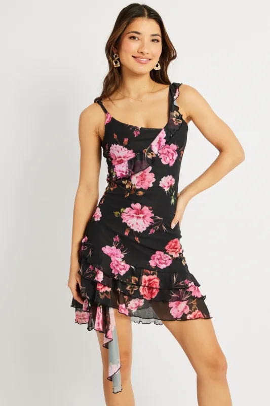 Black Floral Bodycon Dress Ruffle Hem Mini Mesh sold by Ally Fashion