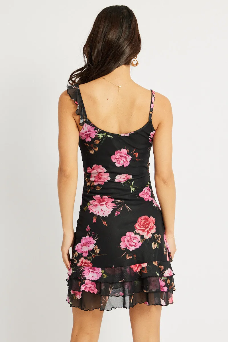 Black Floral Bodycon Dress Ruffle Hem Mini Mesh sold by Ally Fashion product image thumbnail 5