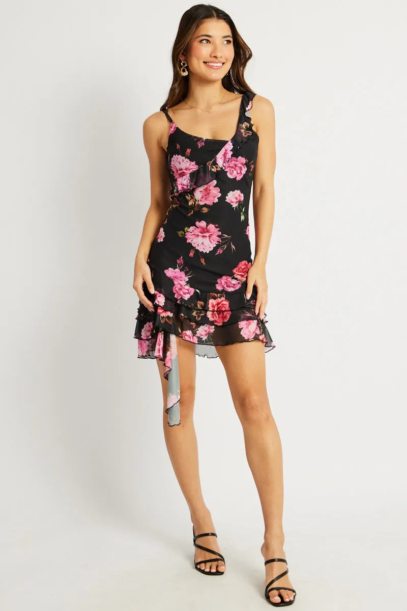Black Floral Bodycon Dress Ruffle Hem Mini Mesh sold by Ally Fashion product image thumbnail 2