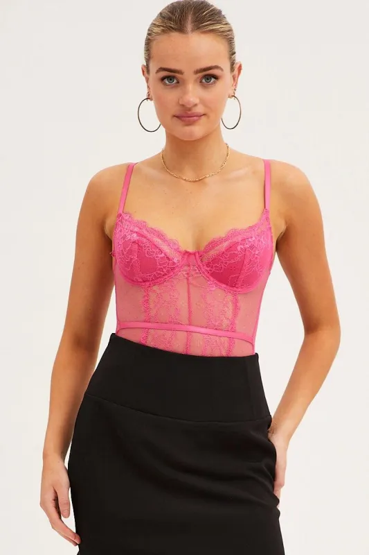 Pink Bodysuit Sleeveless Sweetheart Lace Jersey sold by Ally Fashion