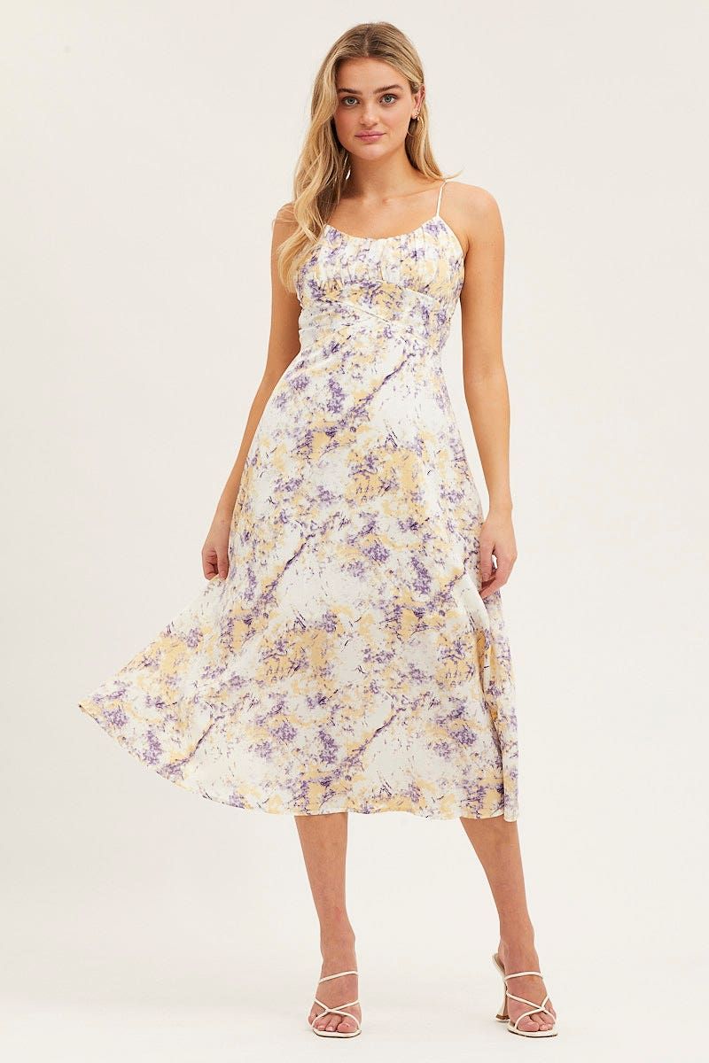 Abstract Print Gathered Bust Tie Back Midi Dress sold by Ally Fashion