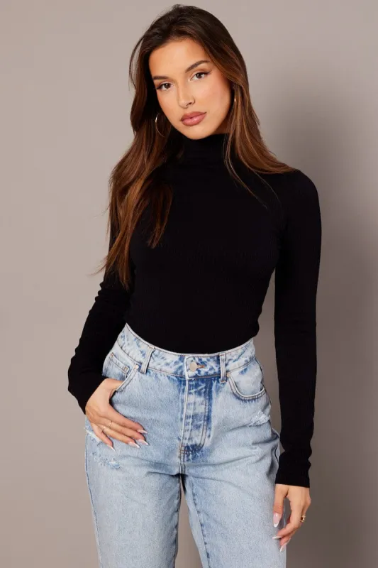 Black Seamless Top Long Sleeve High Neck Longline sold by Ally Fashion