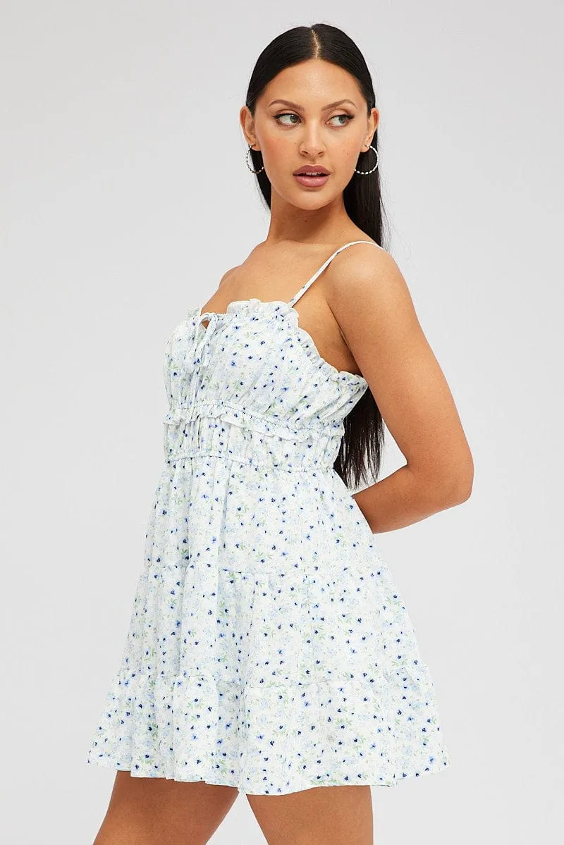 White Ditsy Fit and Flare Dress Sleeveless Tiered sold by Ally Fashion product image thumbnail 4