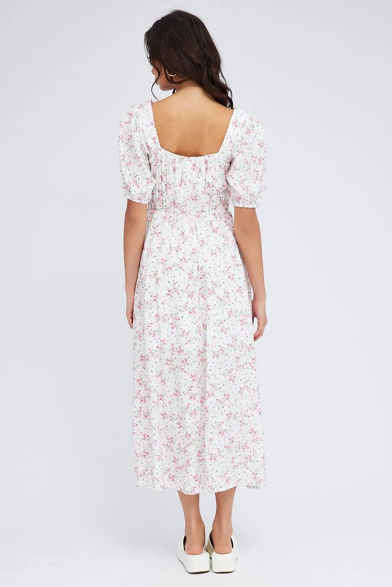 White Floral Midi Dress Short Sleeve Ruched bust sold by Ally Fashion product image thumbnail 5