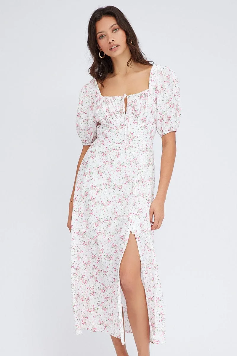 White Floral Midi Dress Short Sleeve Ruched bust sold by Ally Fashion product image thumbnail 2