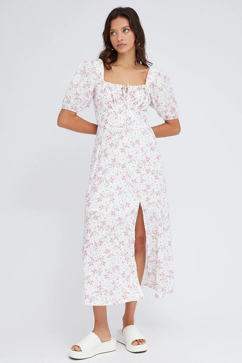 White Floral Midi Dress Short Sleeve Ruched bust sold by Ally Fashion product image thumbnail 3