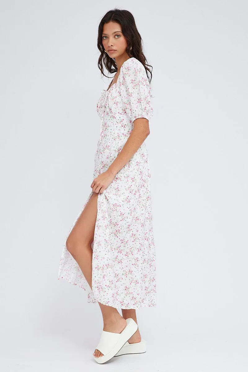 White Floral Midi Dress Short Sleeve Ruched bust sold by Ally Fashion product image thumbnail 4
