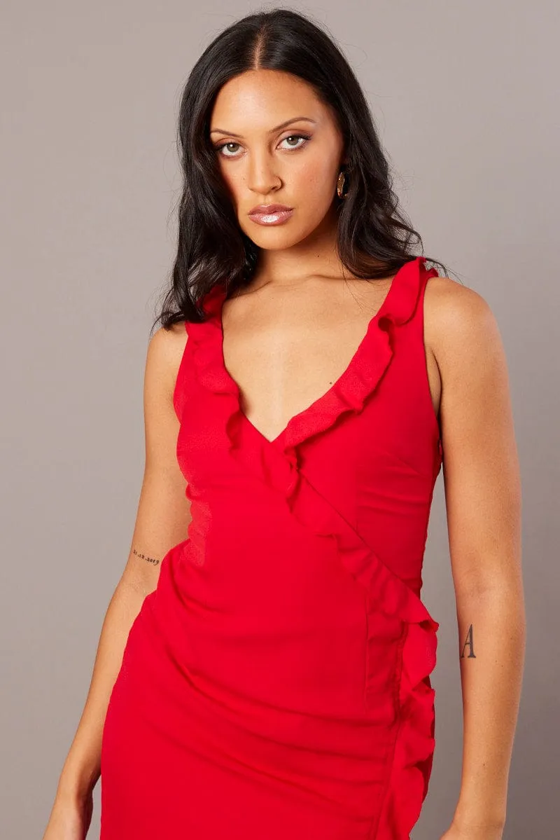 Red Ruffle Dress Wrap Midi Chiffon sold by Ally Fashion product image thumbnail 3