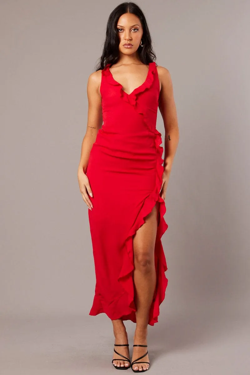 Red Ruffle Dress Wrap Midi Chiffon sold by Ally Fashion