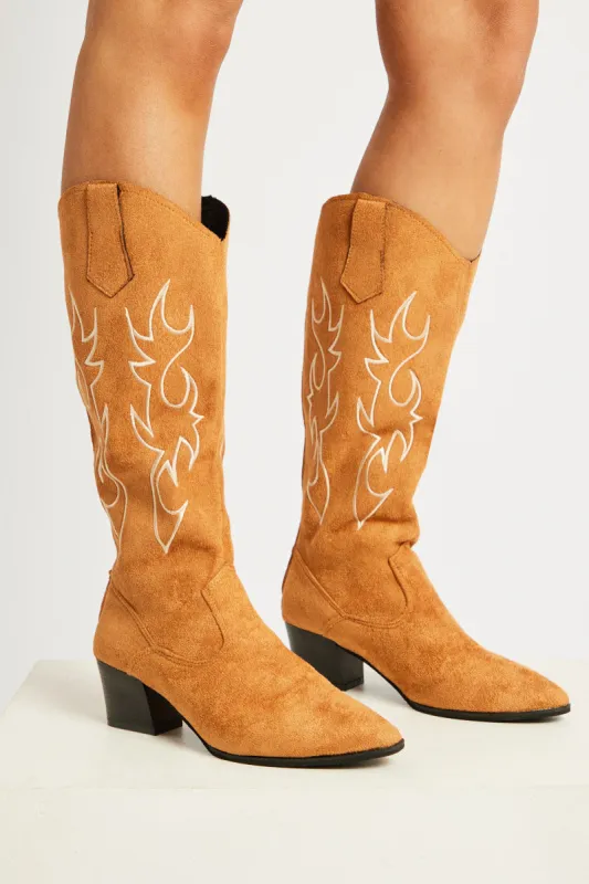 Beige Suede Embroidered Western Boots sold by Ally Fashion